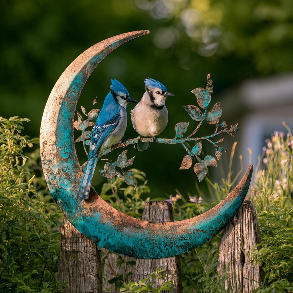 Blue Jay Moon Metal Wall Art, Turquoise Copper Garden Decor (UV Printed Aluminum)