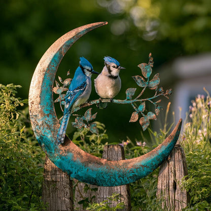 Blue Jay Moon Metal Wall Art, Turquoise Copper Garden Decor (UV Printed Aluminum)