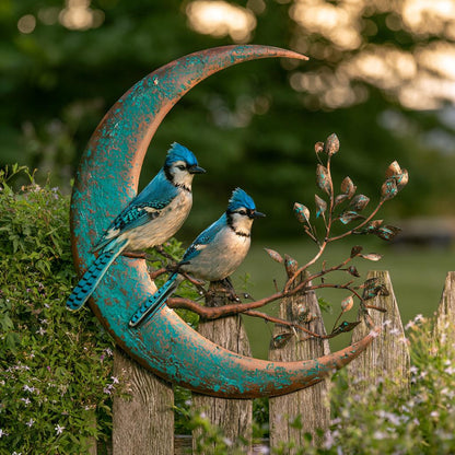 Blue Jay Moon Metal Wall Art, Turquoise Copper Garden Decor (UV Printed Aluminum)