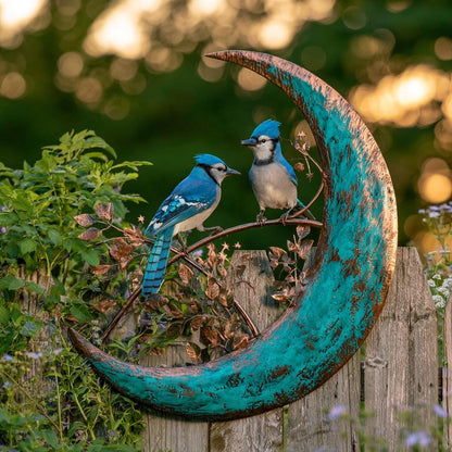 Blue Jay Moon Metal Wall Art, Turquoise Copper Garden Decor (UV Printed Aluminum)
