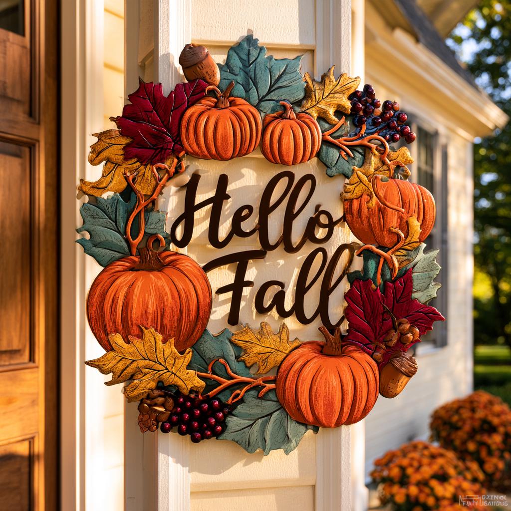 Hello Fall Pumpkin Metal Sign, Autumn Leaves, Rustic Home Decor (UV Printed Aluminum)