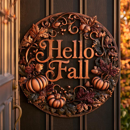 Hello Fall Pumpkin Metal Sign, Autumn Leaves, Rustic Home Decor (UV Printed Aluminum)