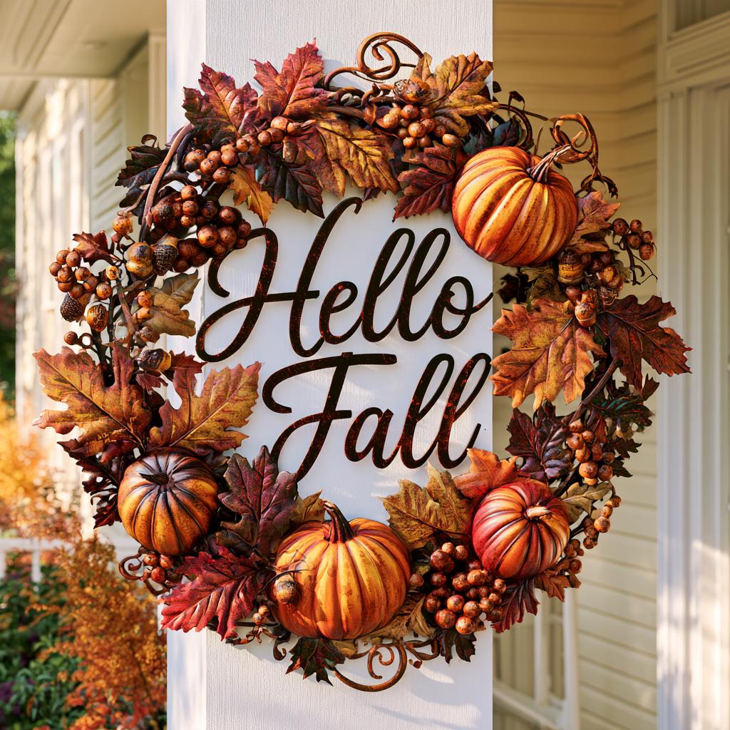 Hello Fall Pumpkin Metal Sign, Autumn Leaves, Rustic Home Decor (UV Printed Aluminum)