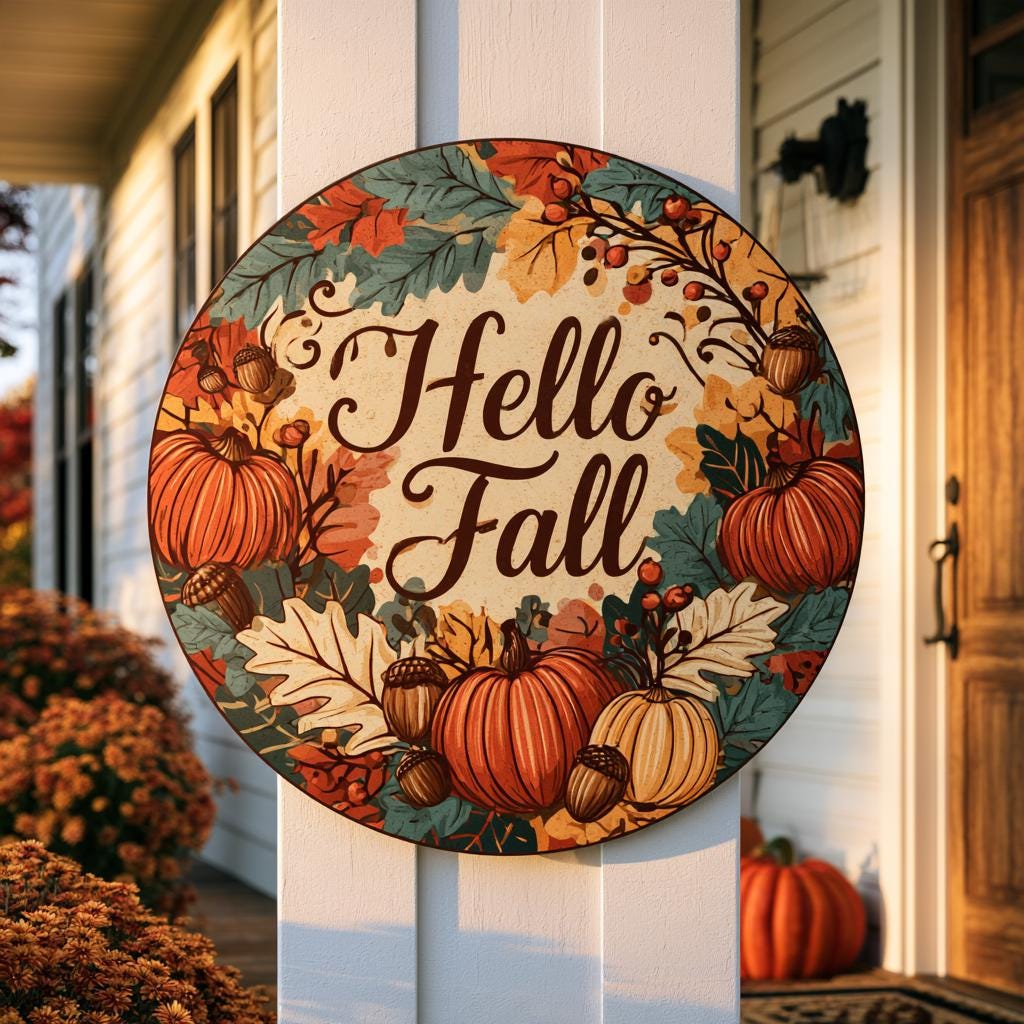 Hello Fall Pumpkin Metal Sign, Autumn Leaves, Rustic Home Decor (UV Printed Aluminum)
