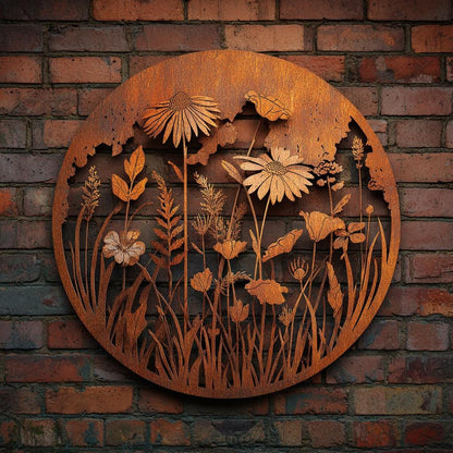 UV Printed Aluminum Metal Wall Art, Rustic Wildflower Garden Decor (2D Flat Sign)