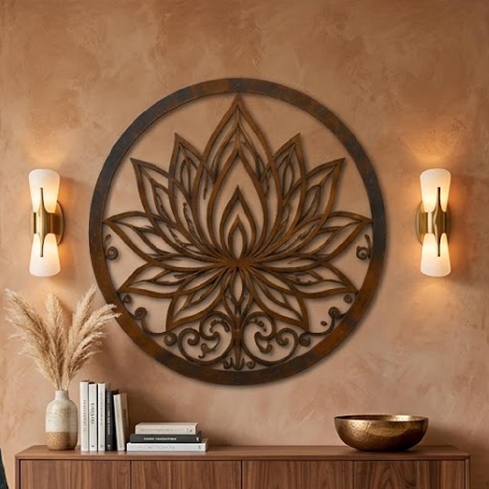 Rustic Lotus Metal Wall Art, UV Printed Aluminum, Farmhouse Garden Decor
