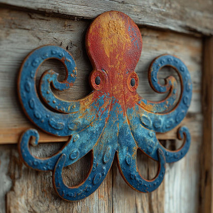 UV Printed Aluminum Octopus Wall Art, Coastal Marine Decor (2D Metal Sign)
