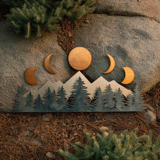 UV Printed Aluminum Mountain Moon Phase Wall Art, Rustic Forest Cabin Decor