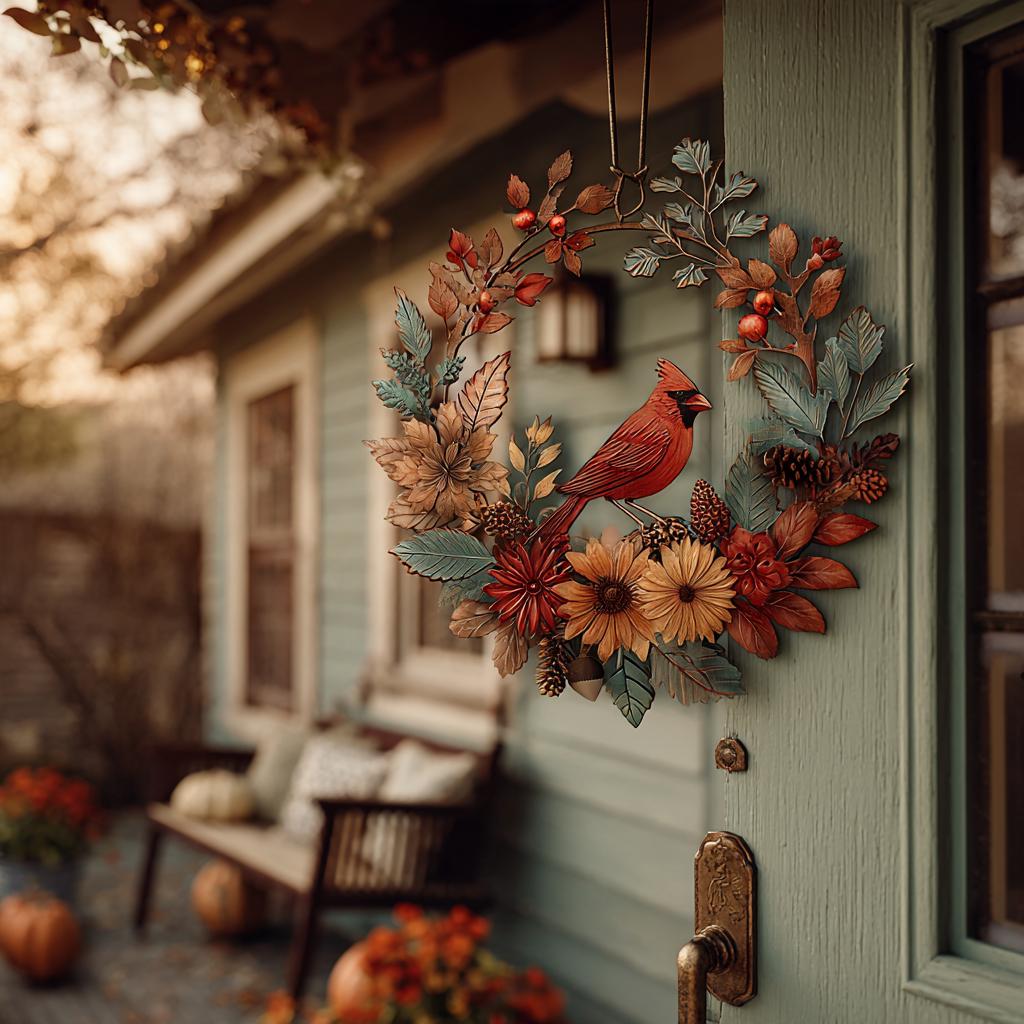 Fall Wreath Metal Sign, Autumn Cardinal, Sunflower, Farmhouse Porch Decor (UV Printed Aluminum)