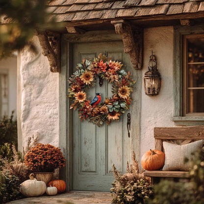 Fall Wreath Metal Sign, Autumn Cardinal, Sunflower, Farmhouse Porch Decor (UV Printed Aluminum)
