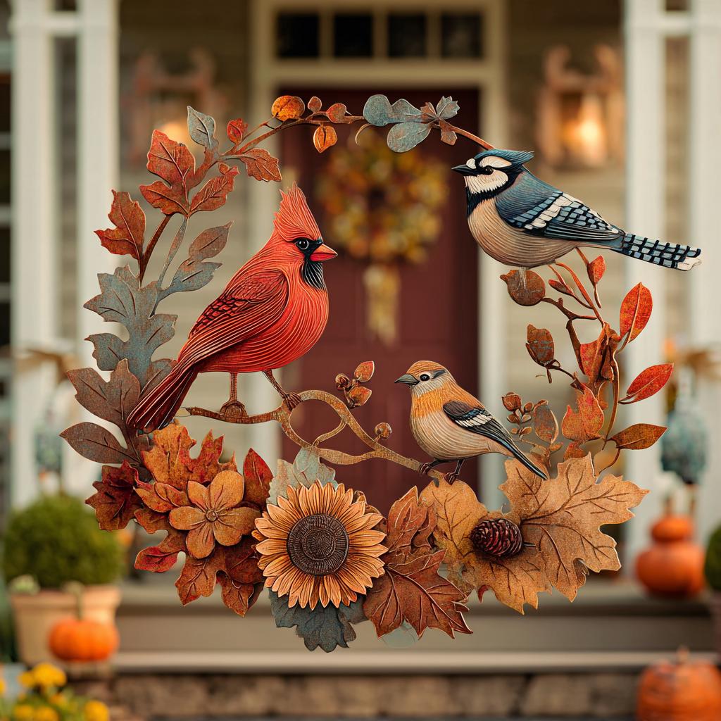 Fall Wreath Metal Sign, Autumn Cardinal, Sunflower, Farmhouse Porch Decor (UV Printed Aluminum)
