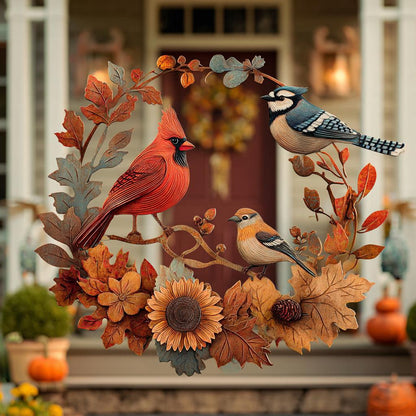 Fall Wreath Metal Sign, Autumn Cardinal, Sunflower, Farmhouse Porch Decor (UV Printed Aluminum)