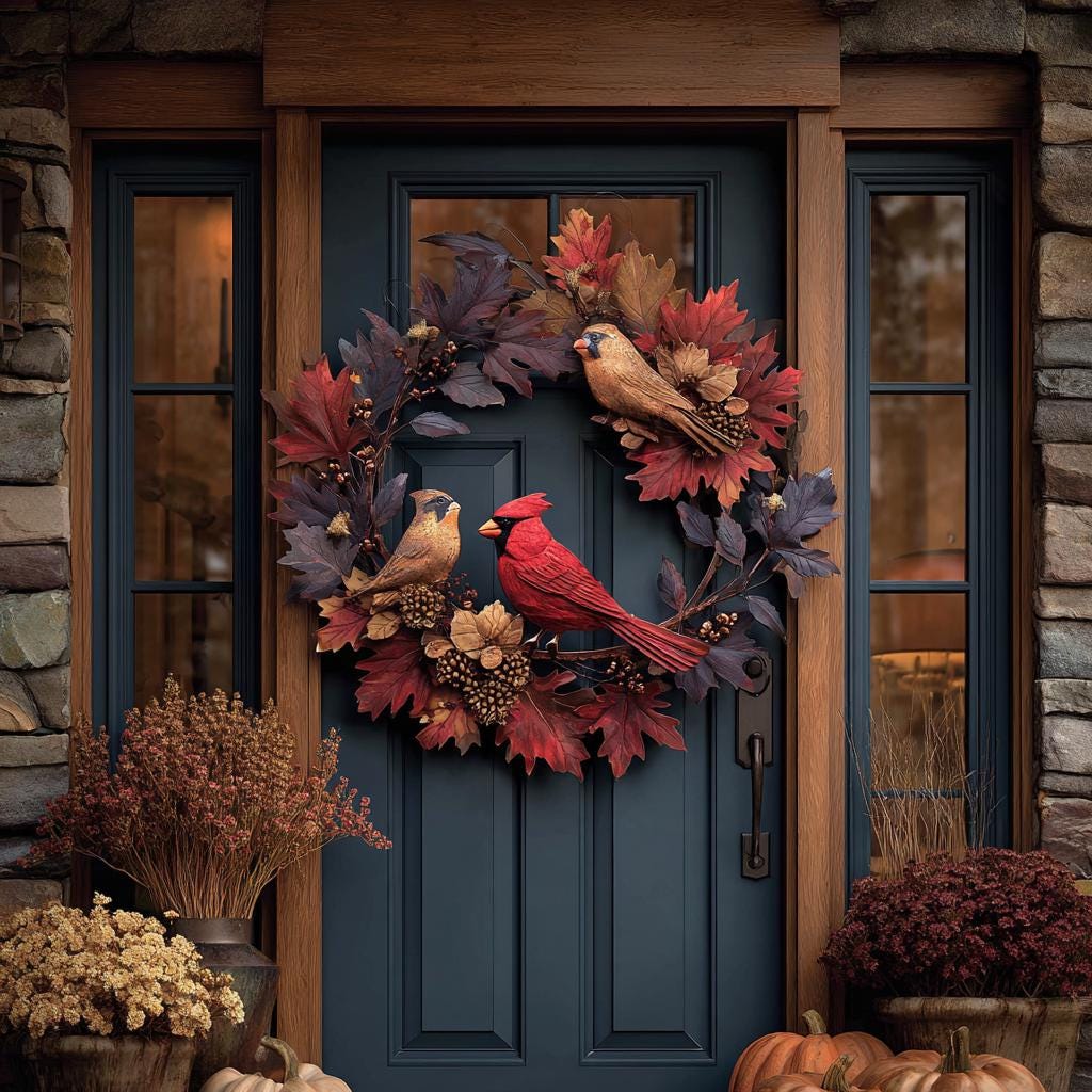 Fall Wreath Metal Sign, Autumn Cardinal, Sunflower, Farmhouse Porch Decor (UV Printed Aluminum)