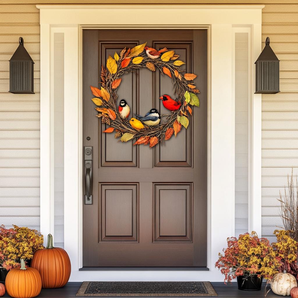 Autumn Bird Wreath Metal Wall Art, Fall Porch Decor, UV Printed Aluminum Sign