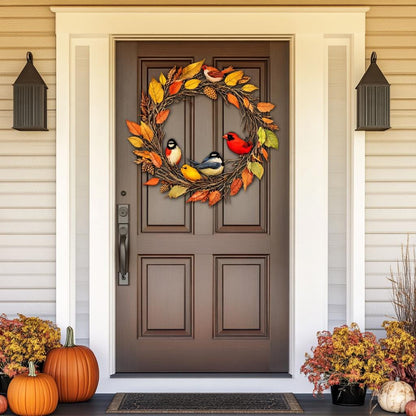 Autumn Bird Wreath Metal Wall Art, Fall Porch Decor, UV Printed Aluminum Sign