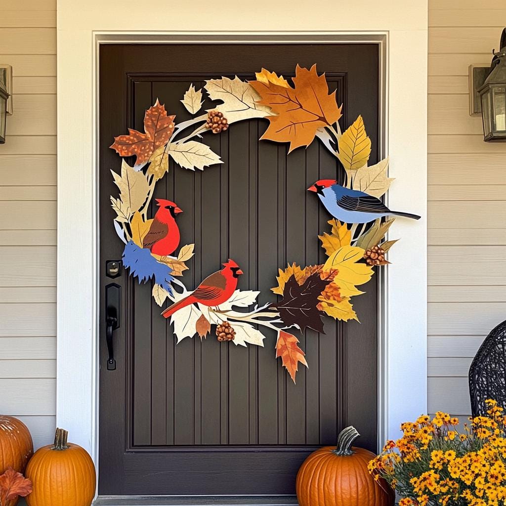 Autumn Bird Wreath Metal Wall Art, Fall Porch Decor, UV Printed Aluminum Sign
