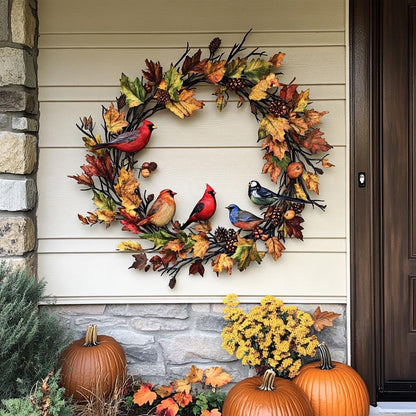 Autumn Bird Wreath Metal Wall Art, Fall Porch Decor, UV Printed Aluminum Sign