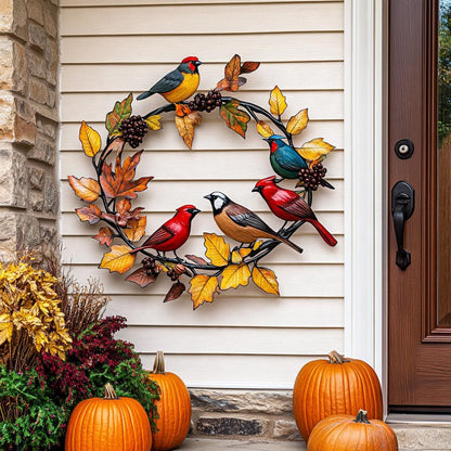 Autumn Bird Wreath Metal Wall Art, Fall Porch Decor, UV Printed Aluminum Sign