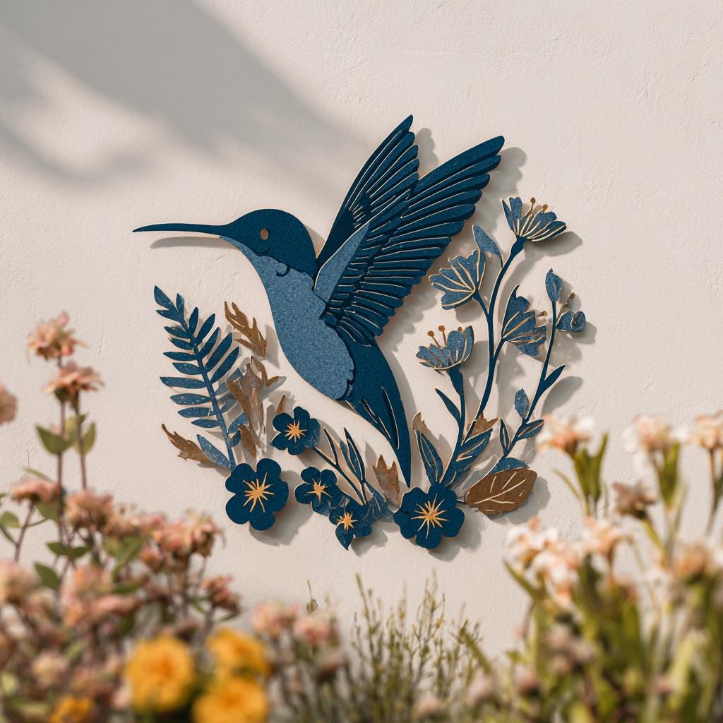 UV Printed Aluminum Hummingbird Wall Art, Floral Garden Decor (2D Metal Sign)