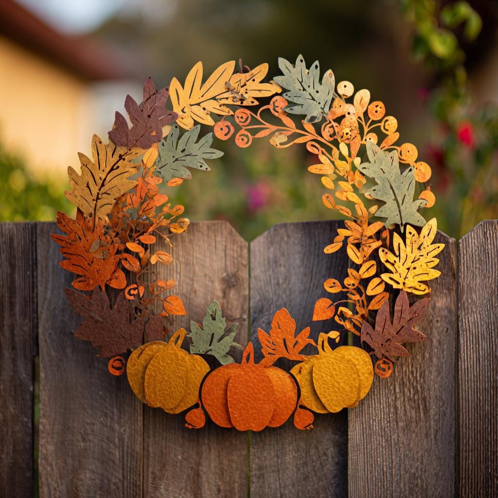 UV Printed Aluminum Fall Wreath Wall Art, Rustic Farmhouse Leaf Decor (2D Metal Sign)