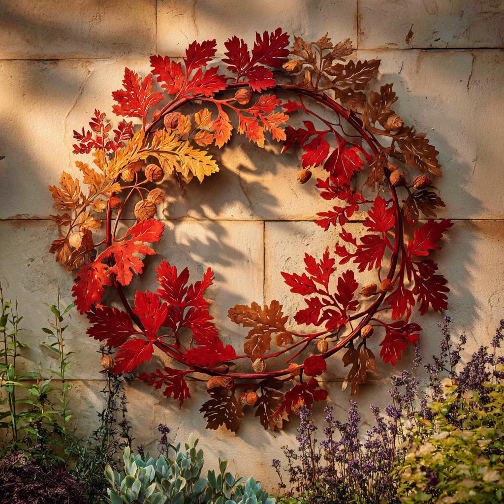 UV Printed Aluminum Fall Wreath Wall Art, Rustic Farmhouse Leaf Decor (2D Metal Sign)