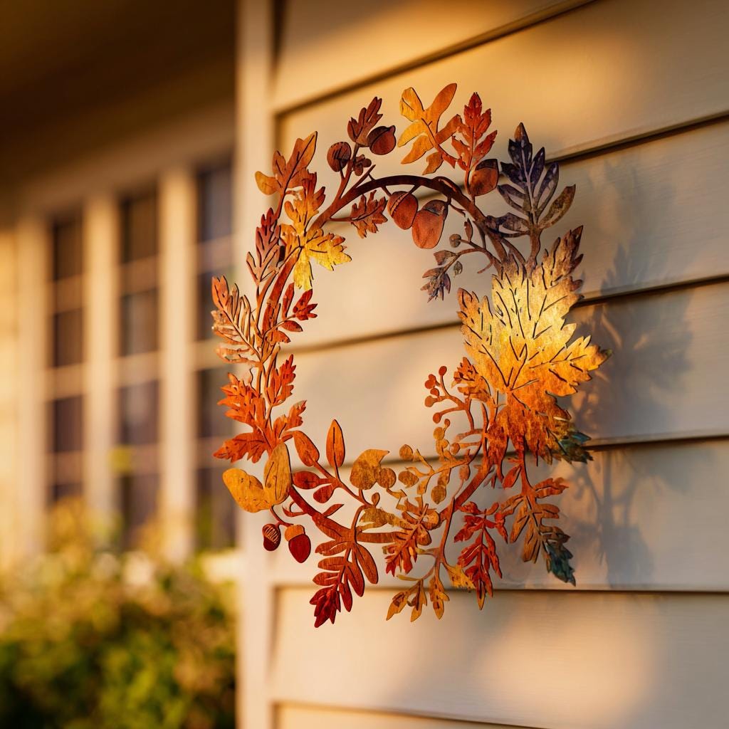 UV Printed Aluminum Fall Wreath Wall Art, Rustic Farmhouse Leaf Decor (2D Metal Sign)