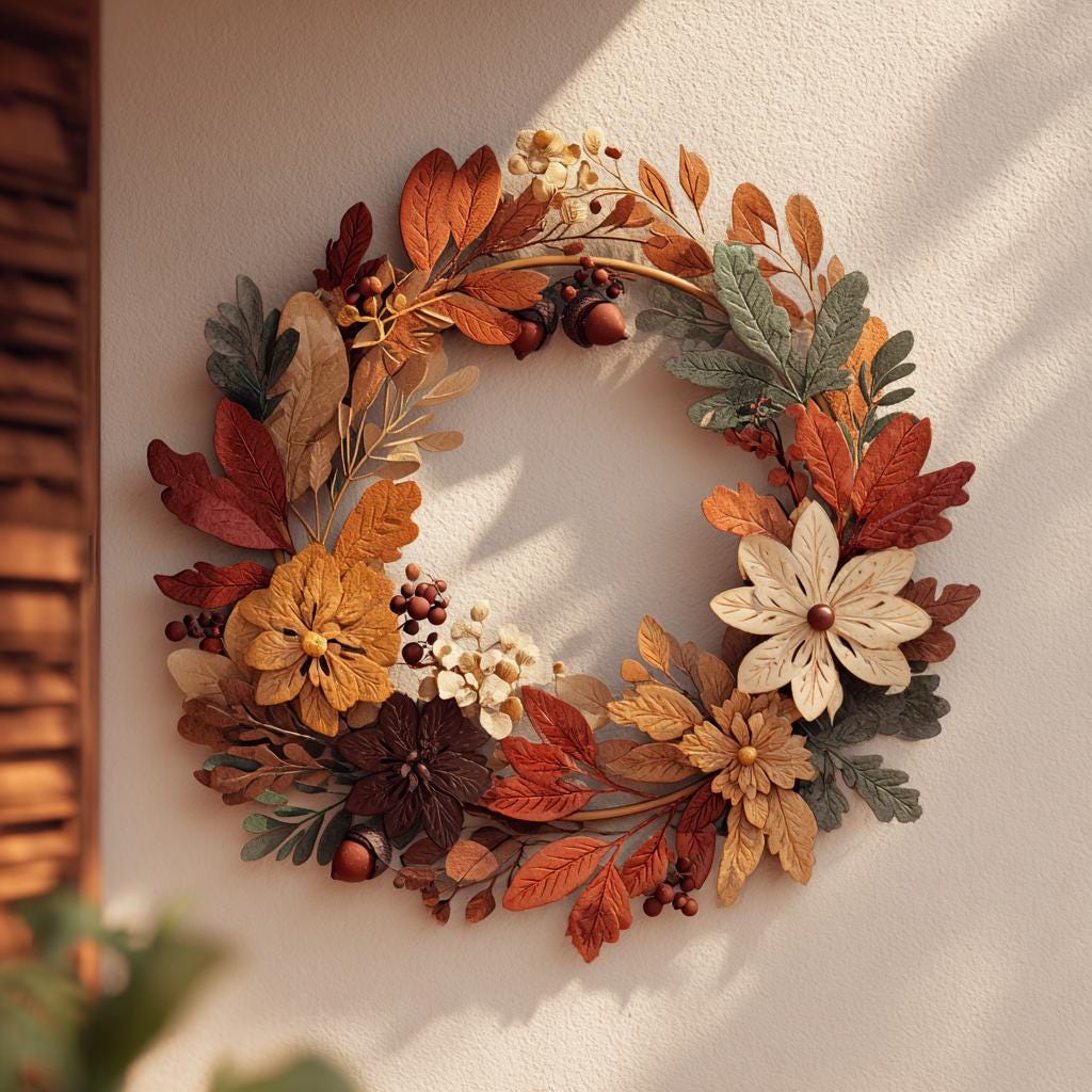 UV Printed Aluminum Fall Wreath Wall Art, Rustic Farmhouse Leaf Decor (2D Metal Sign)