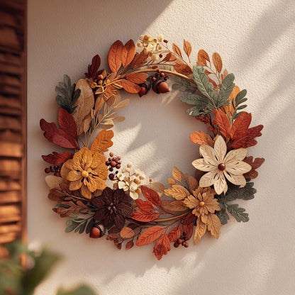 UV Printed Aluminum Fall Wreath Wall Art, Rustic Farmhouse Leaf Decor (2D Metal Sign)