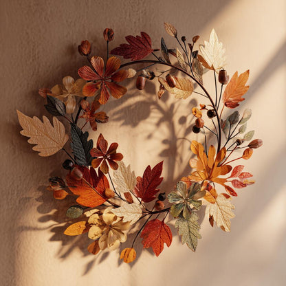 UV Printed Aluminum Fall Wreath Wall Art, Rustic Farmhouse Leaf Decor (2D Metal Sign)