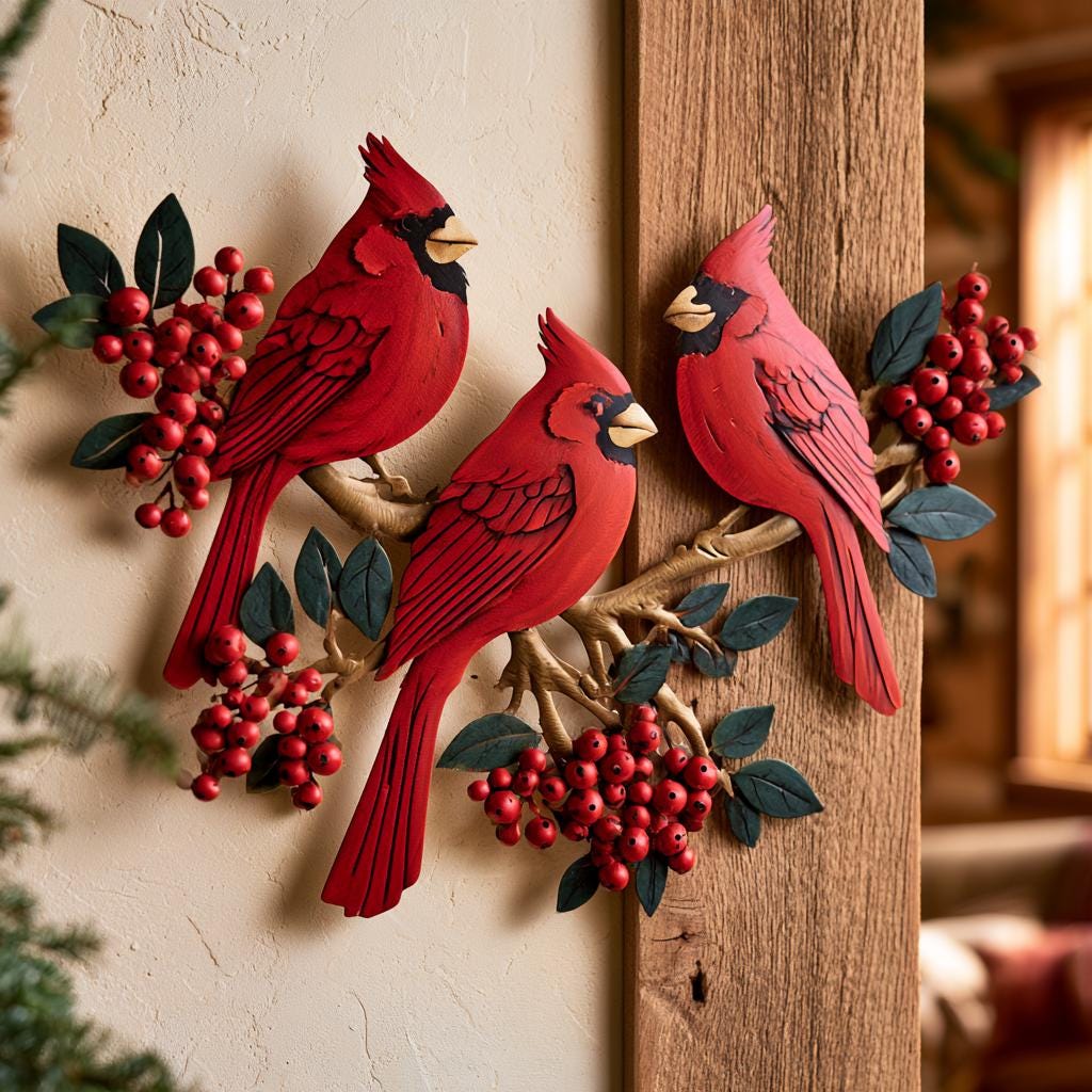 Red Cardinal Metal Wall Art, Winterberry Bird Decor, UV Printed Aluminum Sign