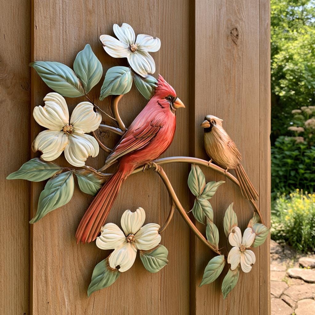 Red Cardinal Dogwood Metal Wall Art, UV Printed Aluminum Sign, Nature Garden Decor