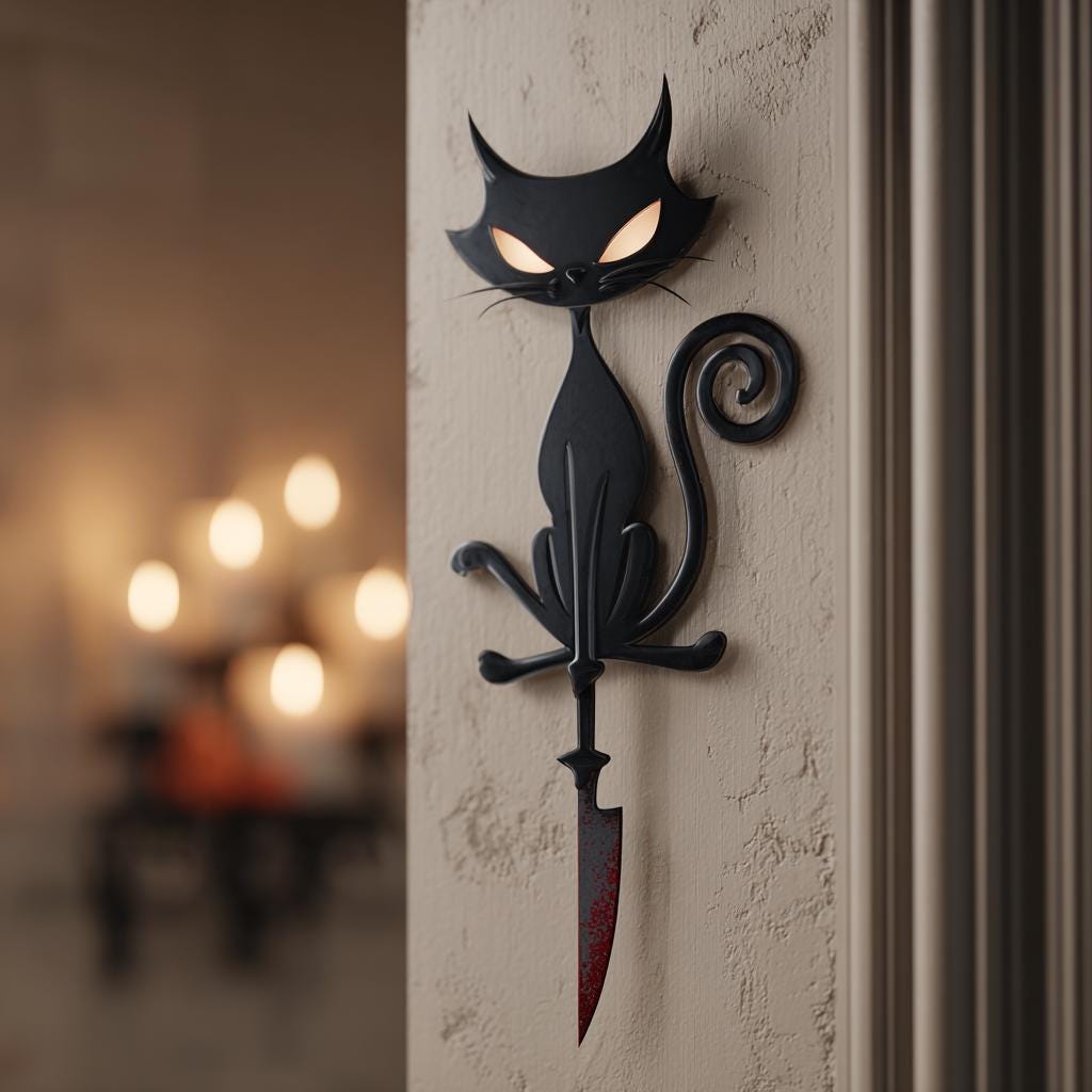 Black Cat With Knife Halloween Metal Sign, Gothic Wall Art (UV Printed Aluminum)