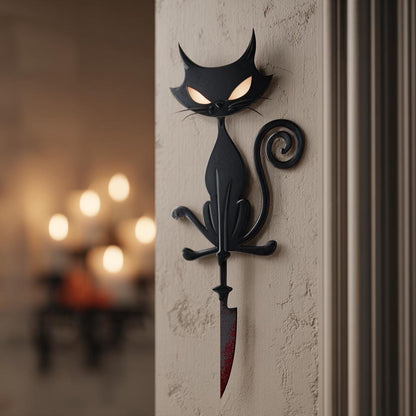 Black Cat With Knife Halloween Metal Sign, Gothic Wall Art (UV Printed Aluminum)