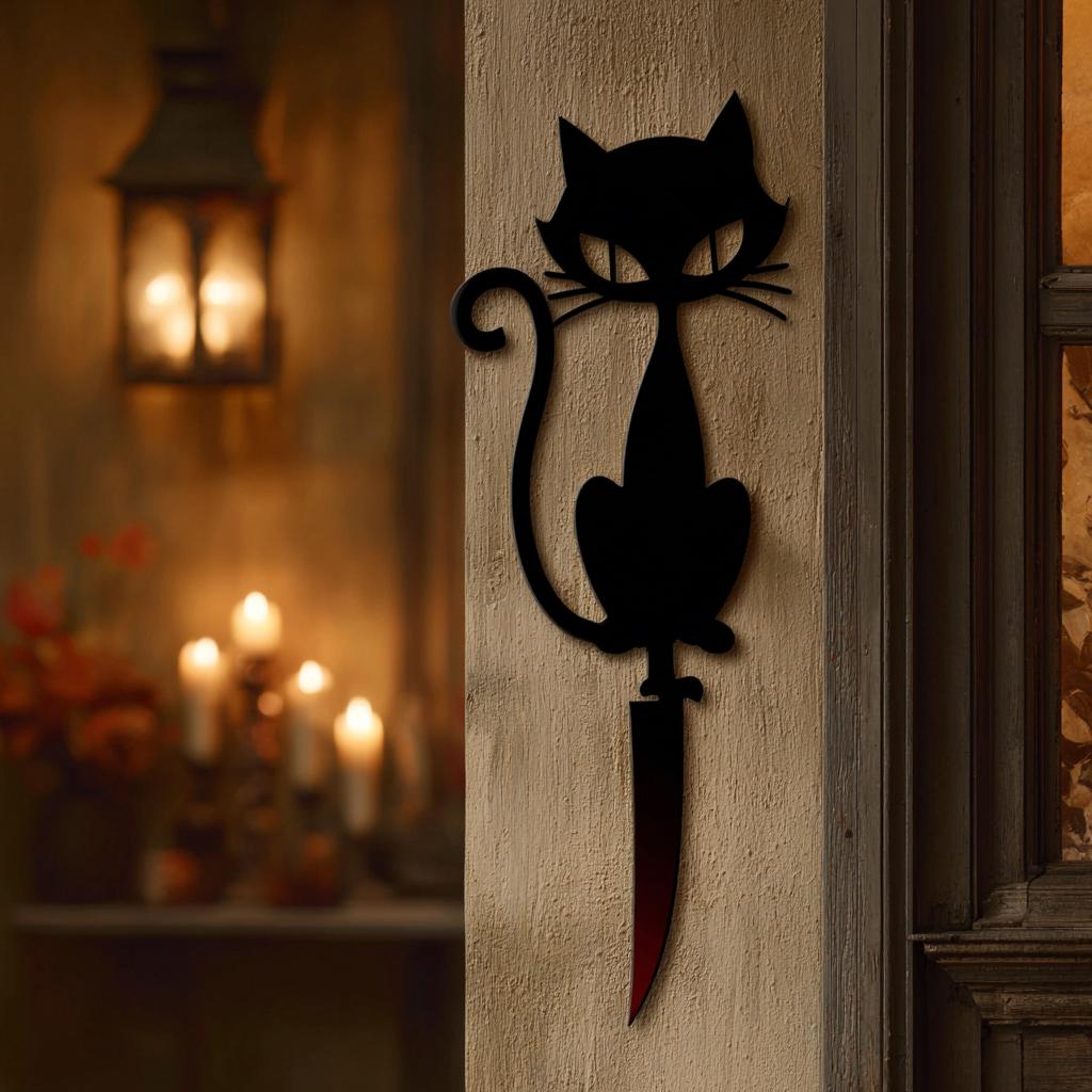 Black Cat With Knife Halloween Metal Sign, Gothic Wall Art (UV Printed Aluminum)