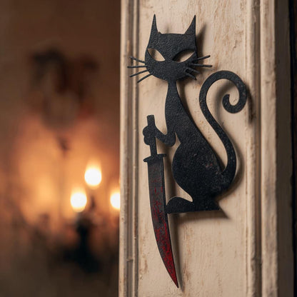 Black Cat With Knife Halloween Metal Sign, Gothic Wall Art (UV Printed Aluminum)