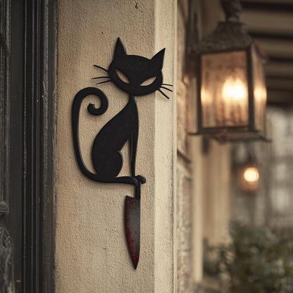 Black Cat With Knife Halloween Metal Sign, Gothic Wall Art (UV Printed Aluminum)