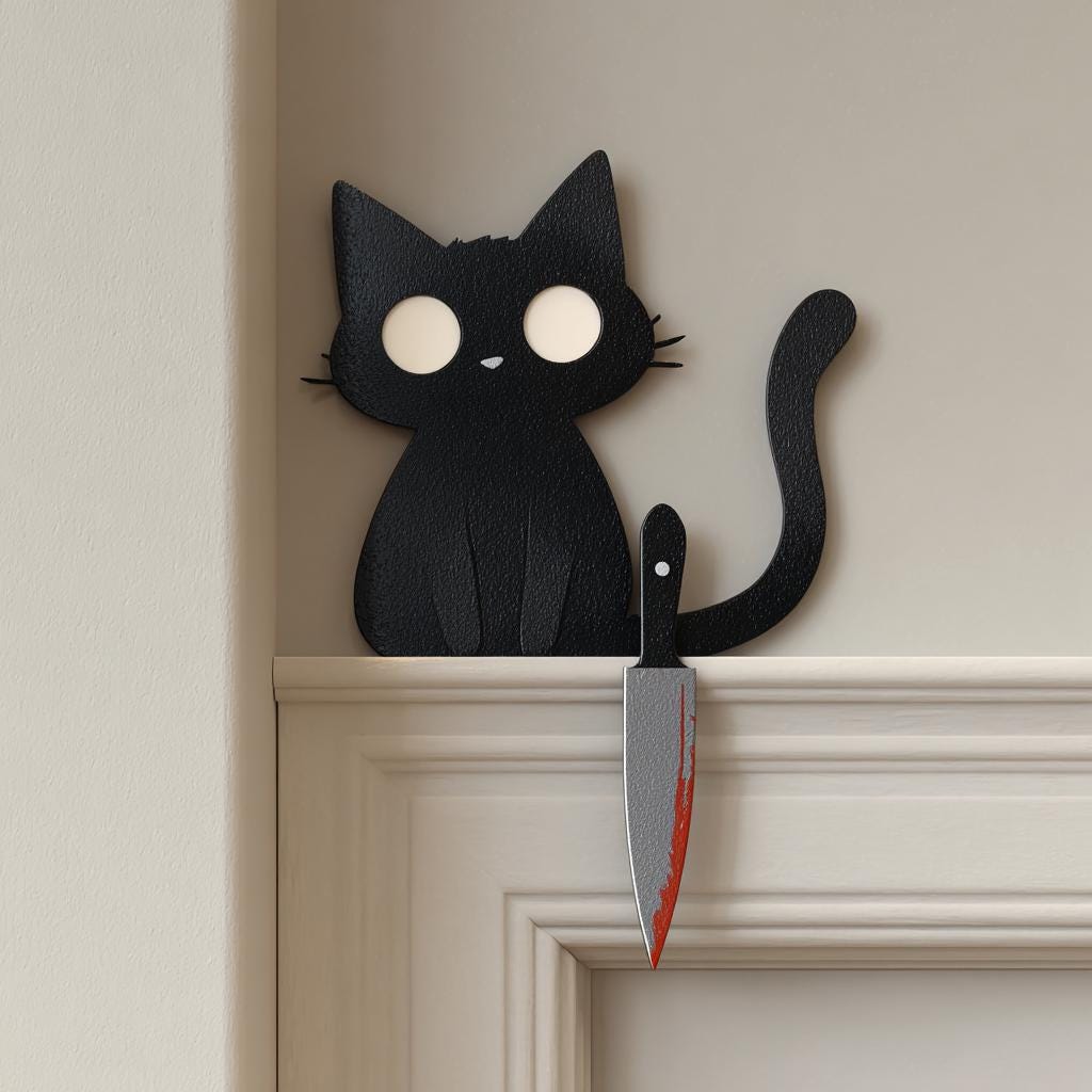 Black Cat With Knife Halloween Metal Sign, Gothic Wall Art (UV Printed Aluminum)