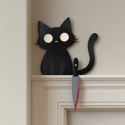 Black Cat With Knife Halloween Metal Sign, Gothic Wall Art (UV Printed Aluminum)