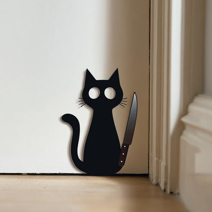 Black Cat With Knife Halloween Metal Sign, Gothic Wall Art (UV Printed Aluminum)