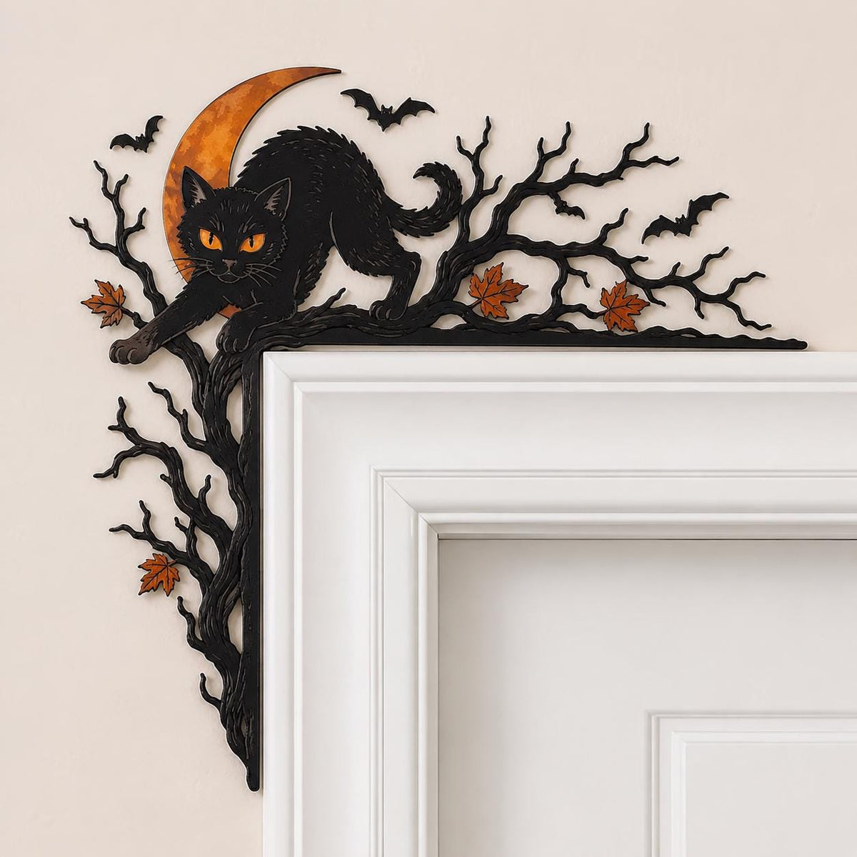 UV Printed Aluminum Halloween Door Topper, Gothic House, Moon, Bats (Flat Metal Art)