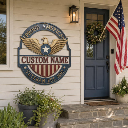 Custom Name Veteran Metal Wall Art, Proud American Eagle Sign (UV Printed Aluminum)