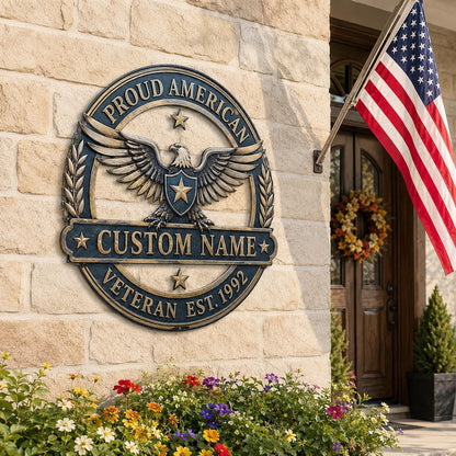 Custom Name Veteran Metal Wall Art, Proud American Eagle Sign (UV Printed Aluminum)