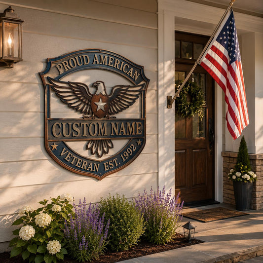 Custom Name Veteran Metal Wall Art, Proud American Eagle Sign (UV Printed Aluminum)