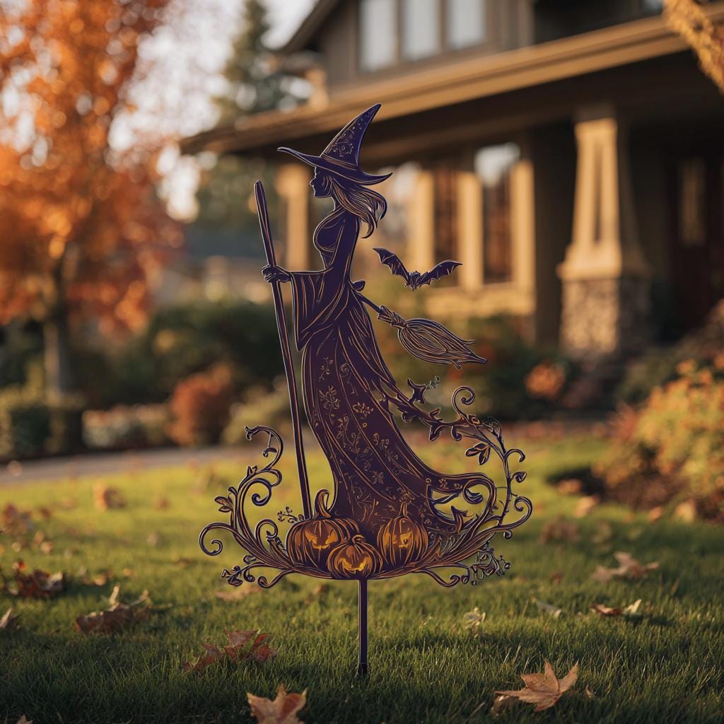 UV Printed Aluminum Witch Garden Stake, Spooky Halloween Yard Art (Outdoor Decor)