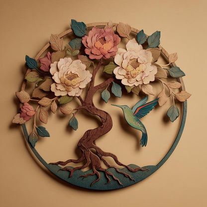Tree of Life Peony Hummingbird Metal Wall Art, Floral Botanical Decor (UV Printed Aluminum)