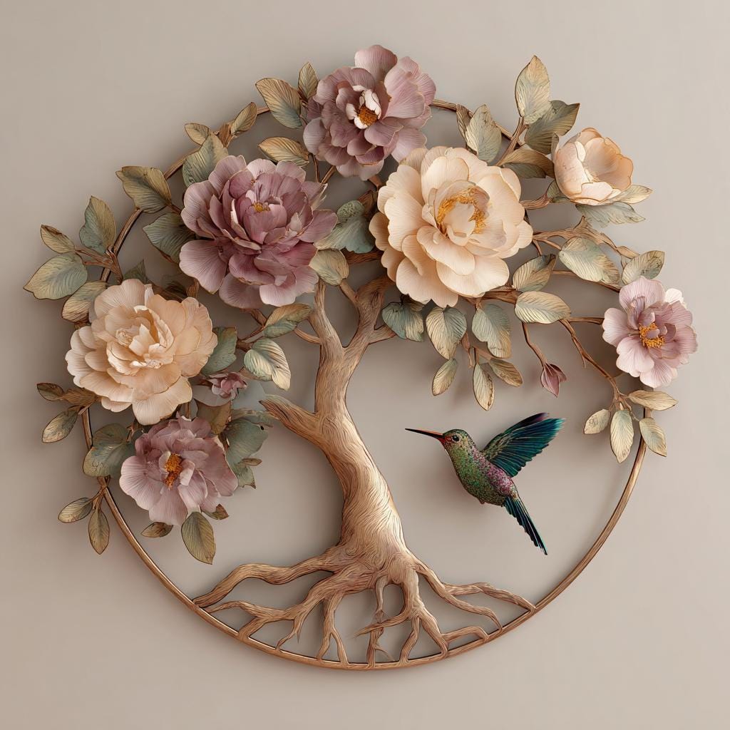 Tree of Life Peony Hummingbird Metal Wall Art, Floral Botanical Decor (UV Printed Aluminum)
