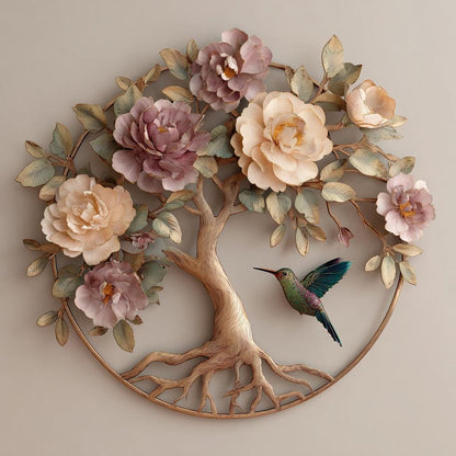 Tree of Life Peony Hummingbird Metal Wall Art, Floral Botanical Decor (UV Printed Aluminum)