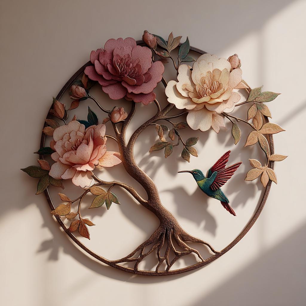Tree of Life Peony Hummingbird Metal Wall Art, Floral Botanical Decor (UV Printed Aluminum)