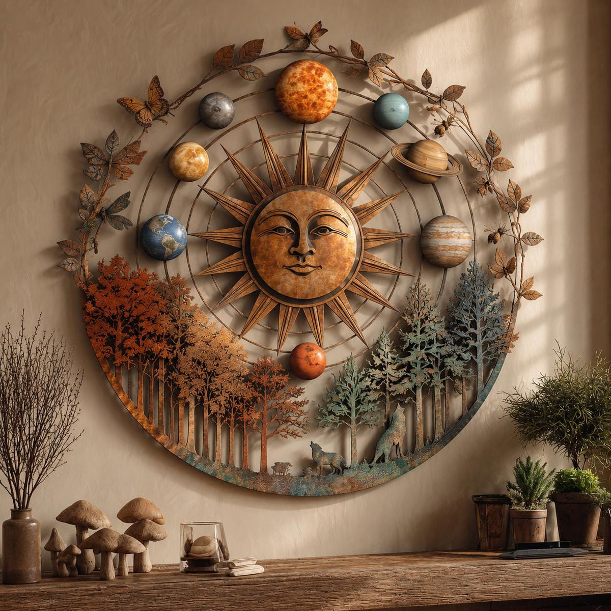 UV Printed Aluminum Metal Wall Art, Celestial Sun, Forest Trees, Planets (2D)