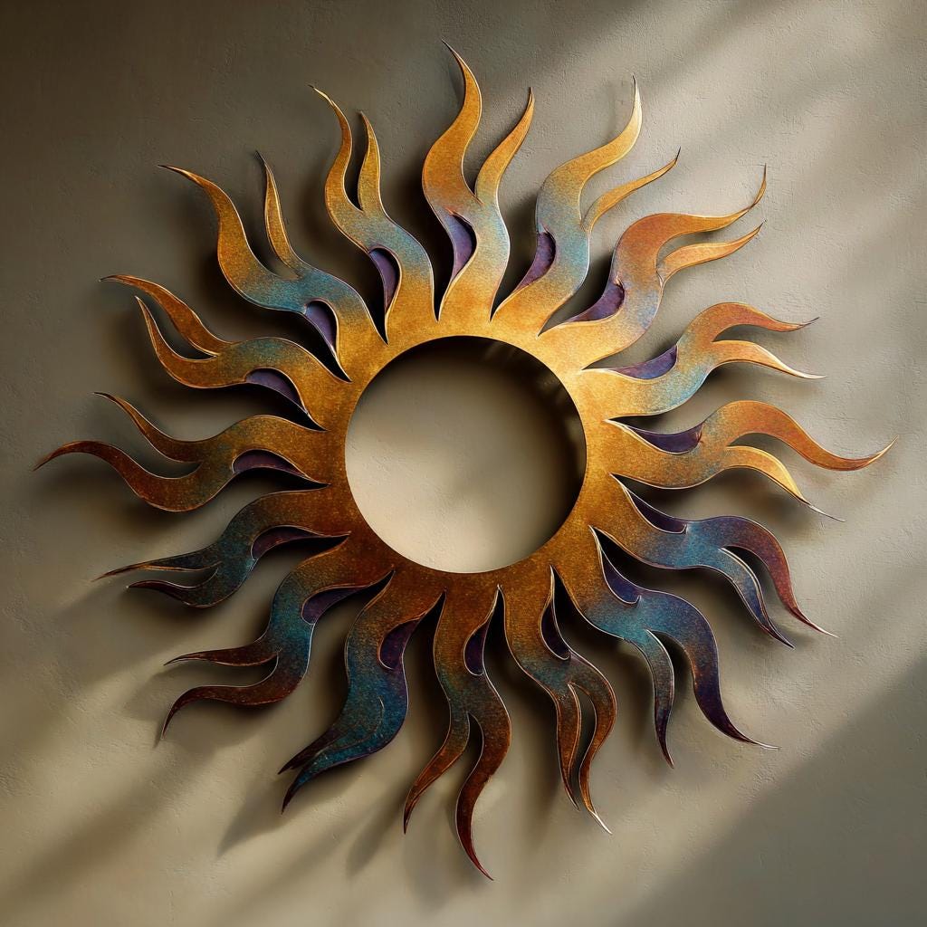 UV Printed Aluminum Sun Wall Art, Rustic Fire Decor, Outdoor Patio Sign (2D Metal)